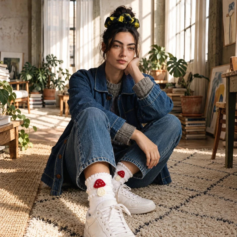 Chaussettes Brodées Main – Cactus, Champignon, Coccinelle ou Bonbon