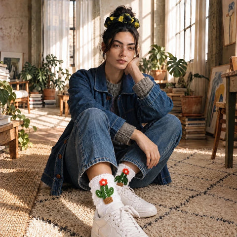 Chaussettes Brodées Main – Cactus, Champignon, Coccinelle ou Bonbon