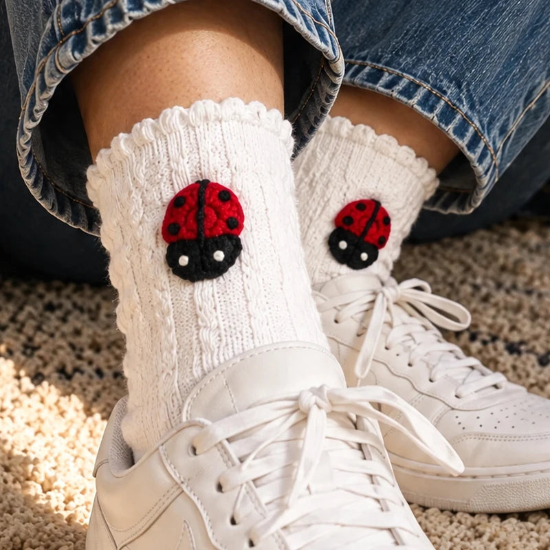 Chaussettes Brodées Main – Cactus, Champignon, Coccinelle ou Bonbon