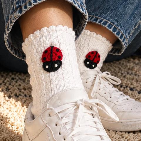 Chaussettes Brodées Main – Cactus, Champignon, Coccinelle ou Bonbon