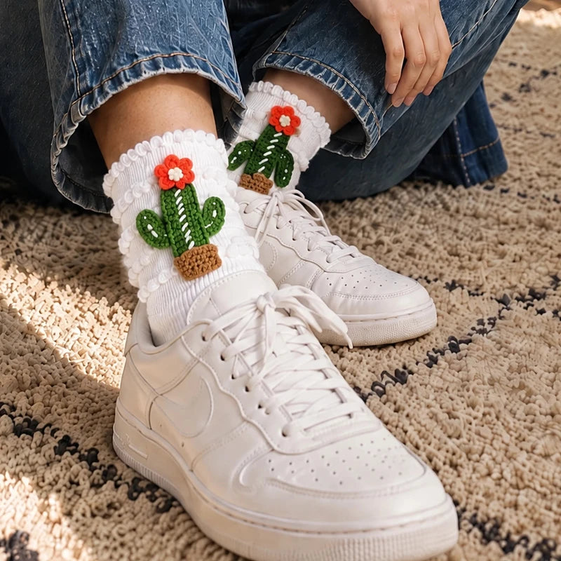 Chaussettes Brodées Main – Cactus, Champignon, Coccinelle ou Bonbon