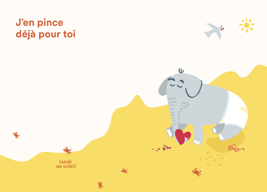 carte de voeux enfant avec éléphant à la plage, aux tons jaune, rouge et blanc 