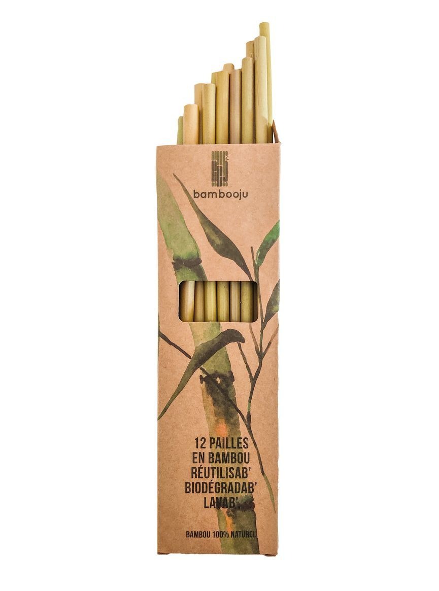Kit de 12 pailles en bambou avec pochon en lin 