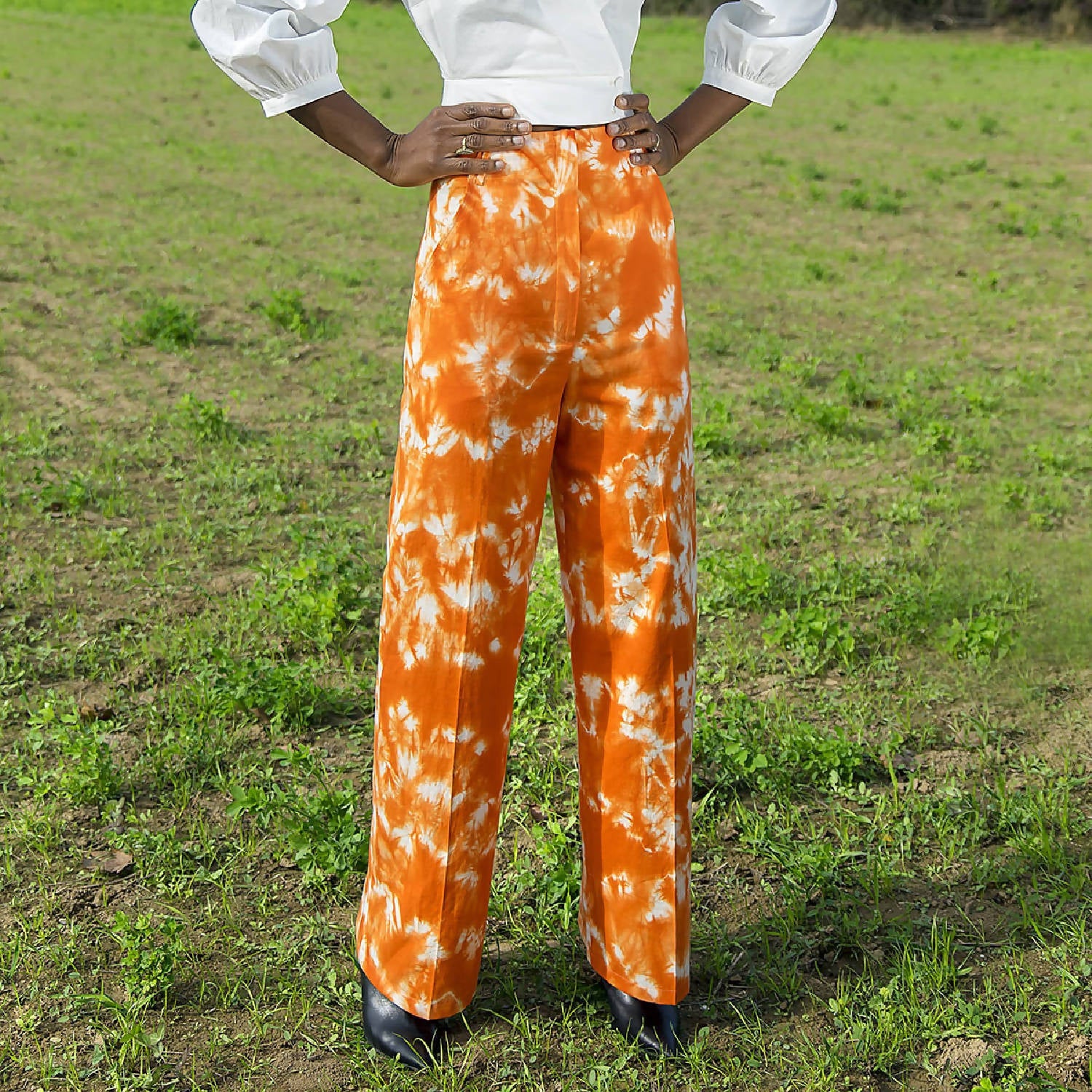 pantalon coton biologique orange écru tie and dye naturel fait main