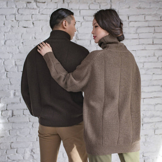pull col roulé marron en laine et en cachemire