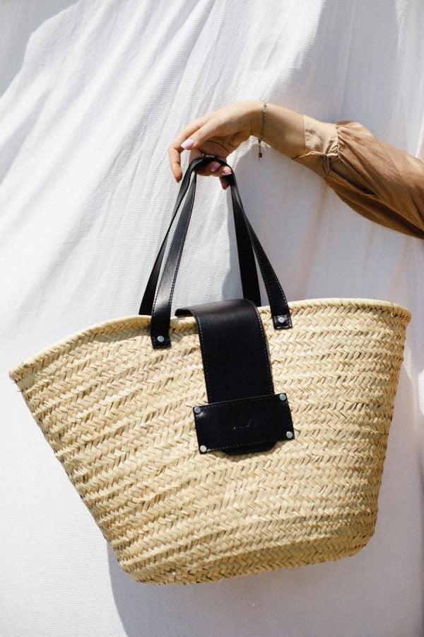 Sac effet maille beige naturelle et anse noire "Bora Bora"