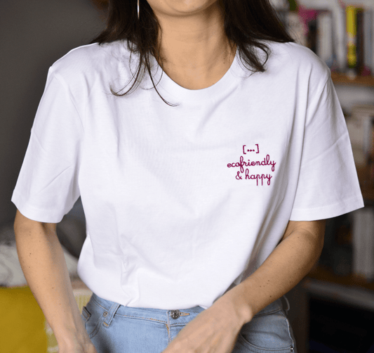 T-shirt ecofriendly & happy produit exclusif en coton bio de Meanwhile Boutique