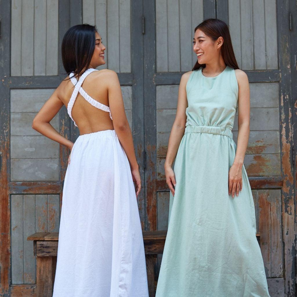 Robe longue dos nu en verte Coton 